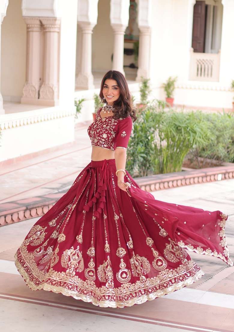 Maroon Embroidered Silk Lehenga Set for Diwali and Festive Wear - Indya