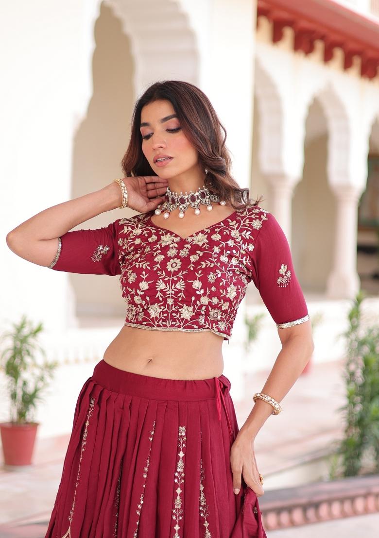 Maroon Embroidered Silk Lehenga Set - Indya