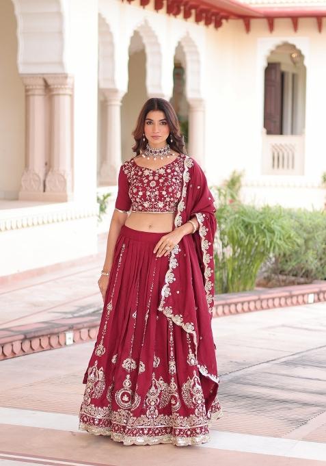 Maroon Embroidered Silk Lehenga Set