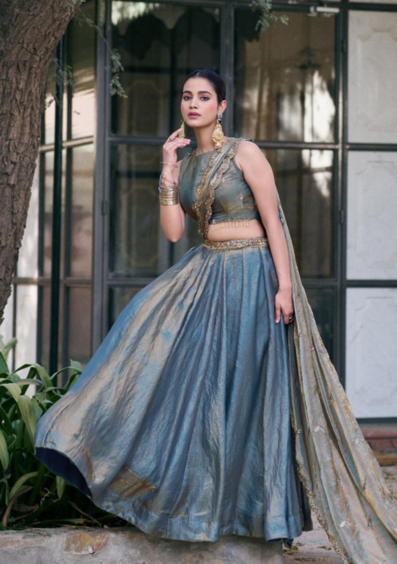 Teal Embroidered Fendi Lehenga Set - Indya