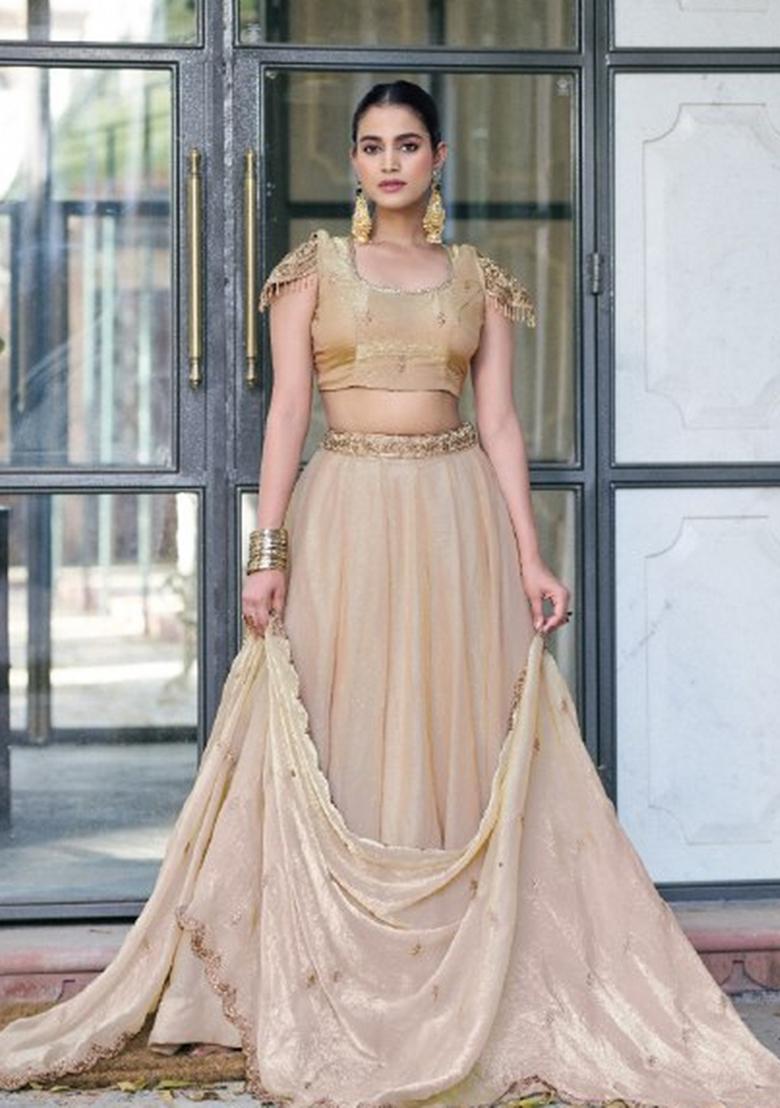 Cream Embroidered Fendi Lehenga Set - Indya