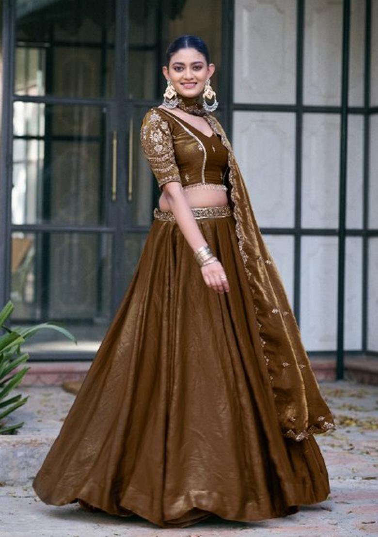 Brown Embroidered Fendi Lehenga Set - Indya