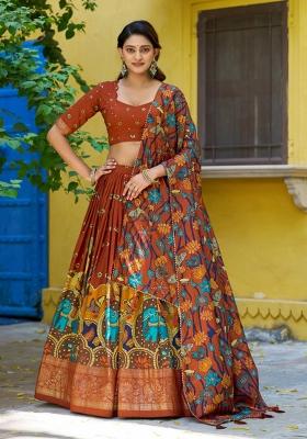 Red Printed Silk Lehenga Set