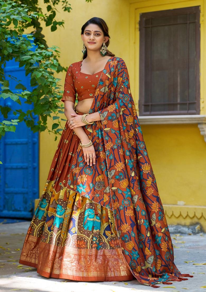 Red Printed Silk Lehenga Set - Indya
