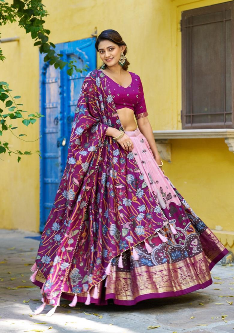 Light Pink Printed Silk Lehenga Set - Indya