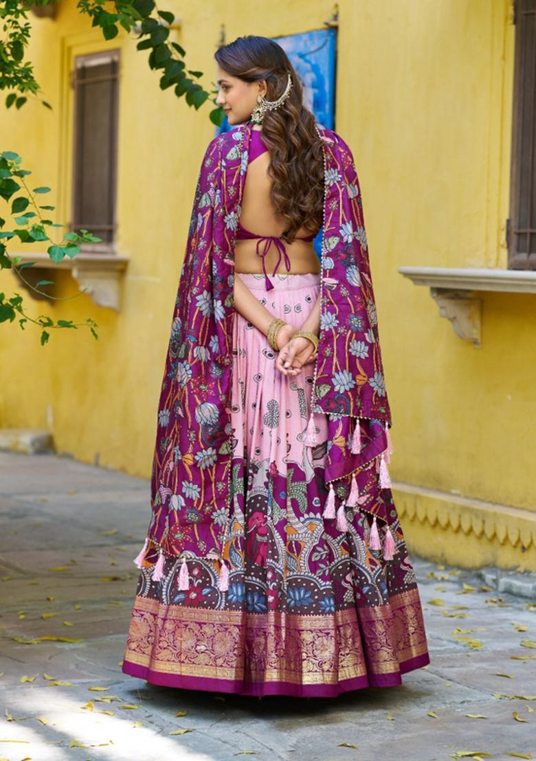 Light Pink Printed Silk Lehenga Set - Indya
