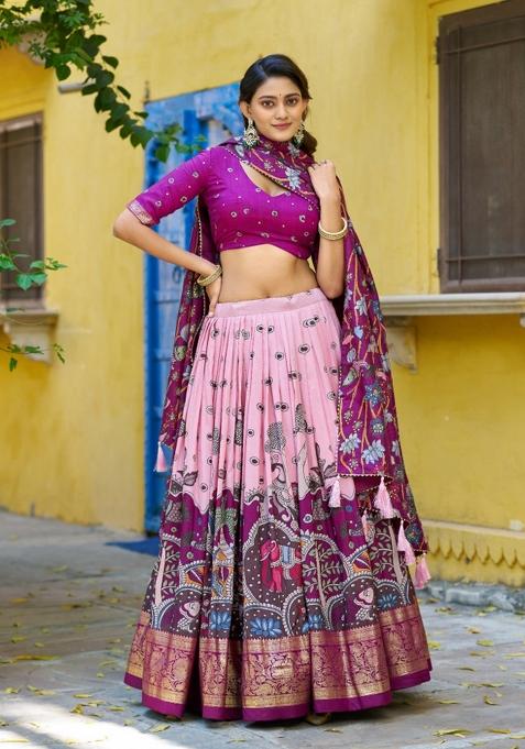 Light Pink Printed Silk Lehenga Set