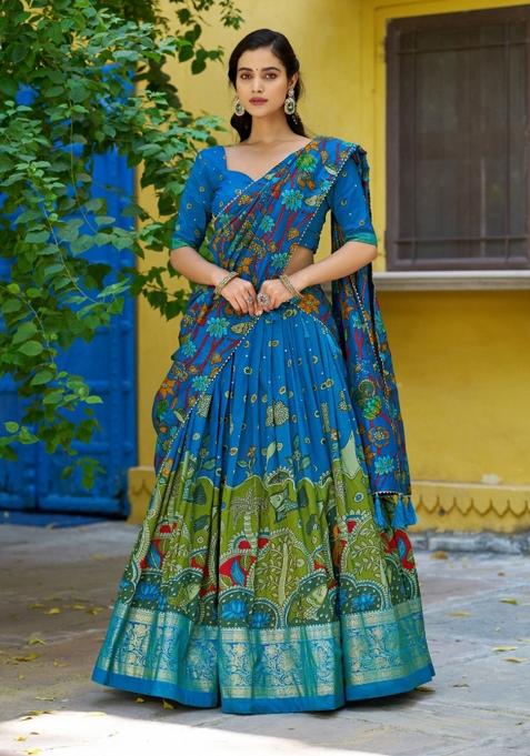 Firozi Printed Silk Lehenga Set