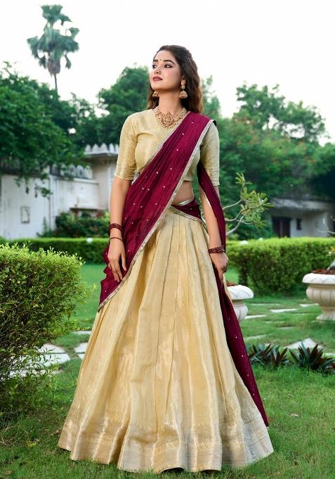 Cream Zari Work Kanchipuram Lehenga Set
