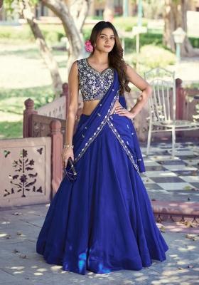 Blue Beads Work P C Kashmiri Lehenga Set