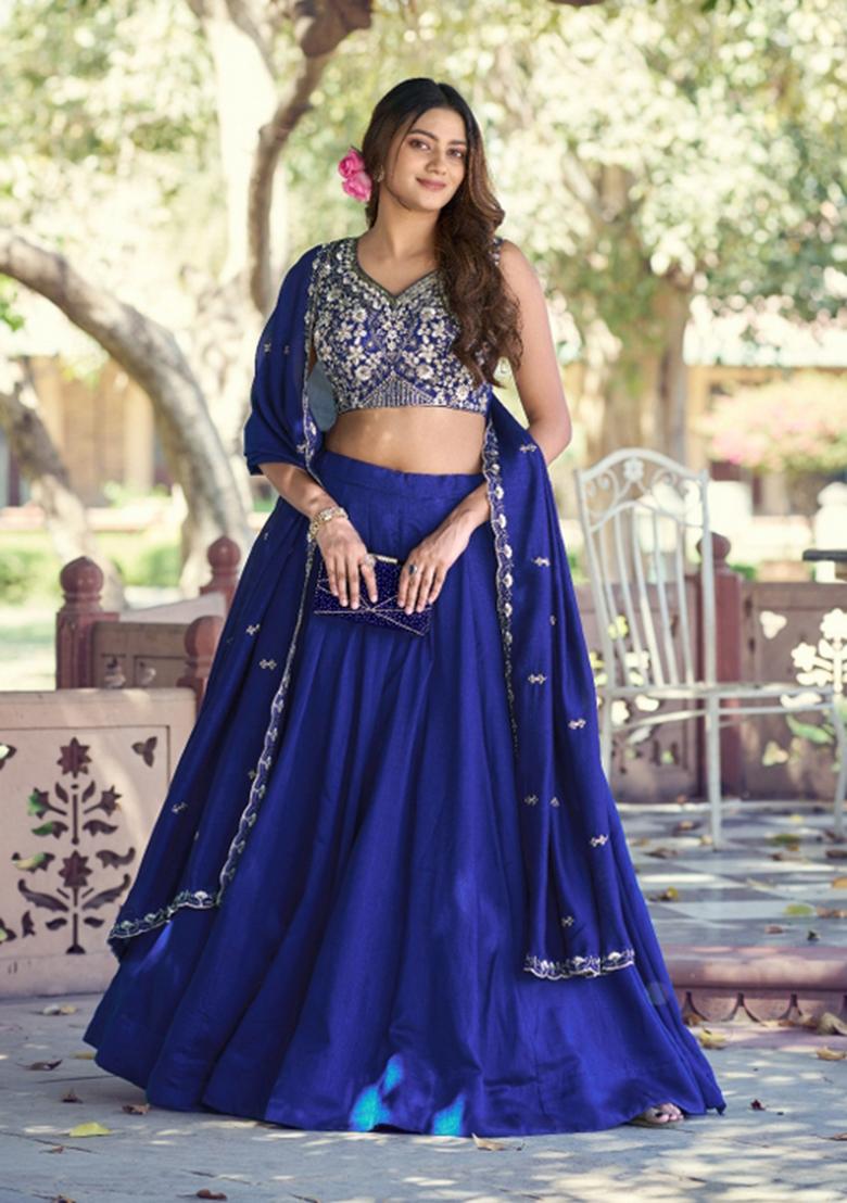 Blue Beads Work P C Kashmiri Lehenga Set - Indya