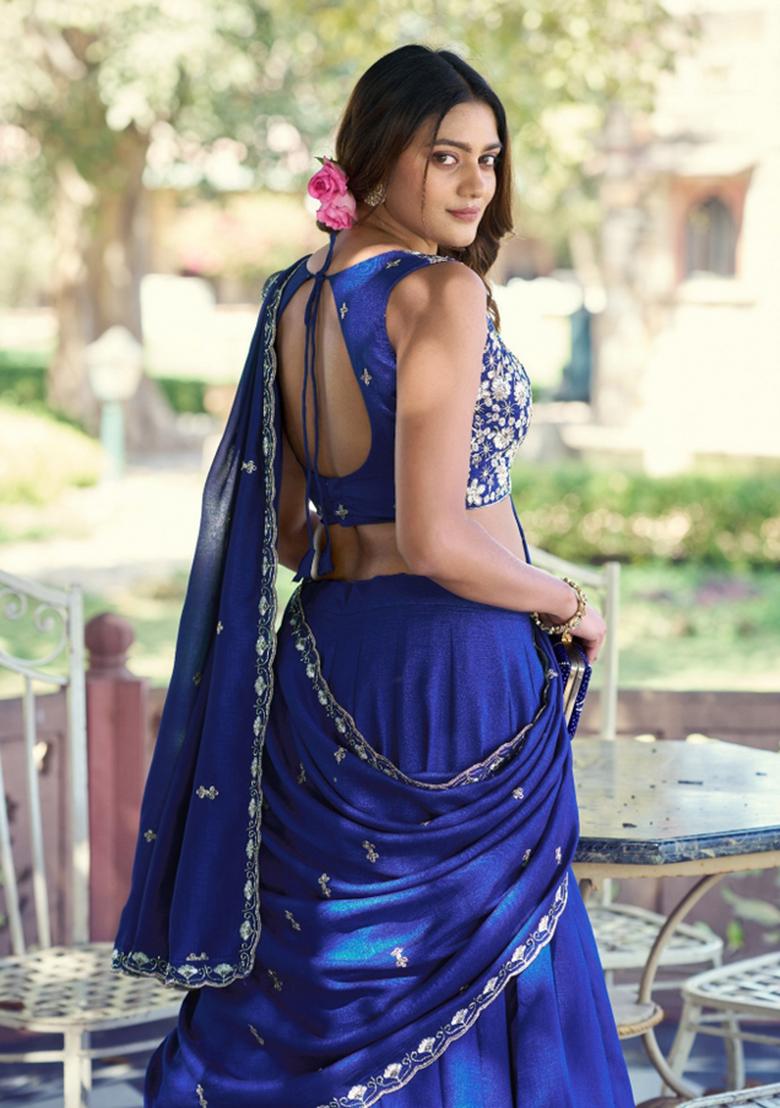 Blue Beads Work P C Kashmiri Lehenga Set - Indya