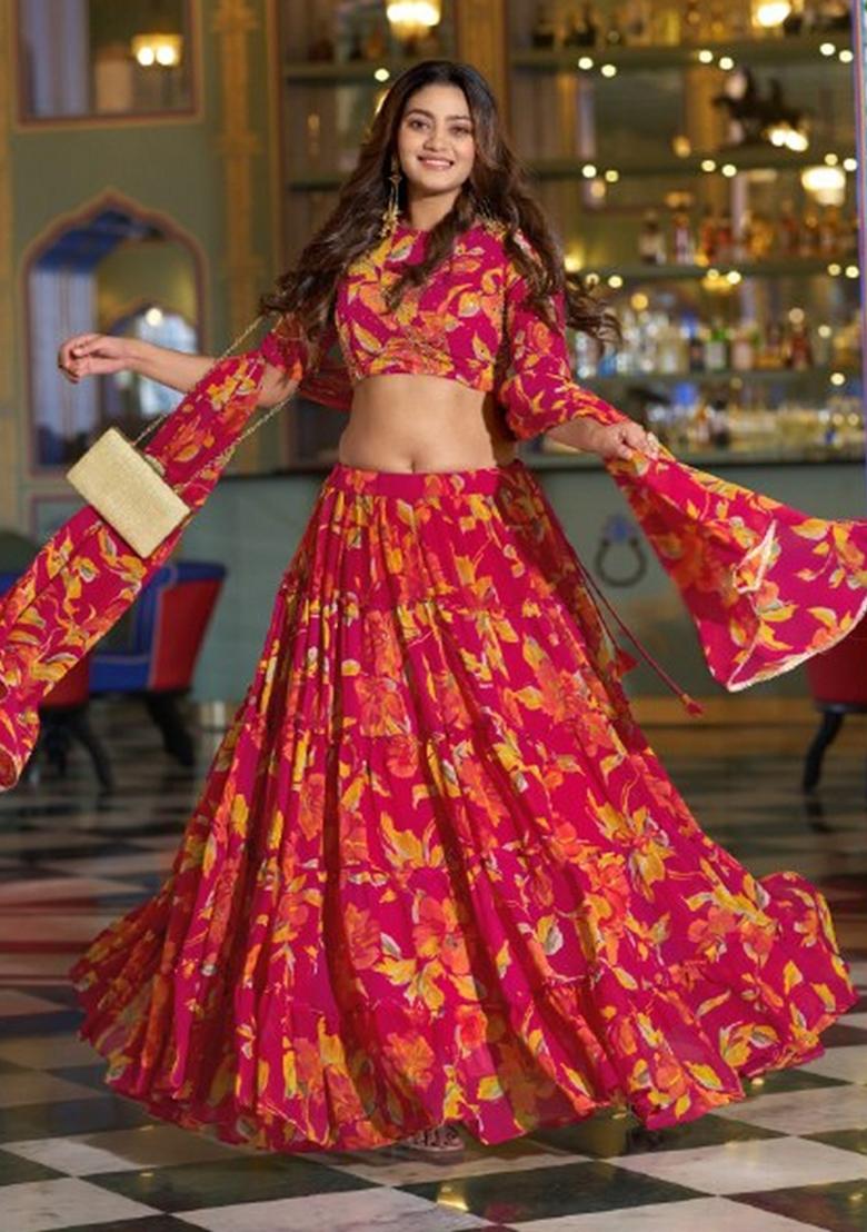 Pink Floral Printed Marble Lehenga Set - Indya