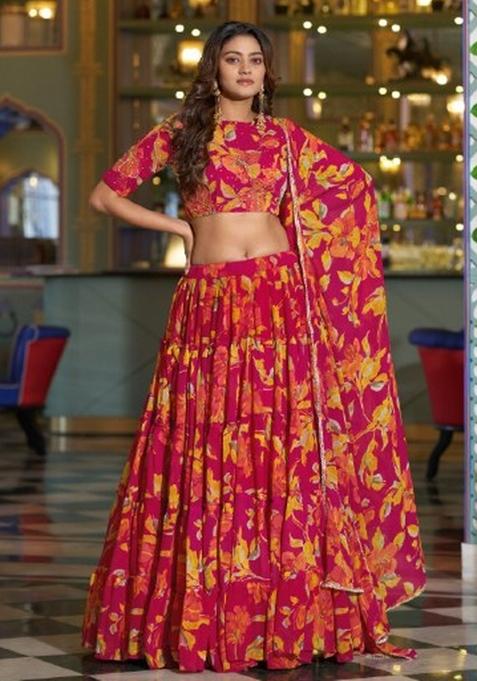 Pink Floral Printed Marble Lehenga Set