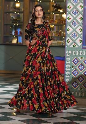 Black Floral Printed Marble Lehenga Set