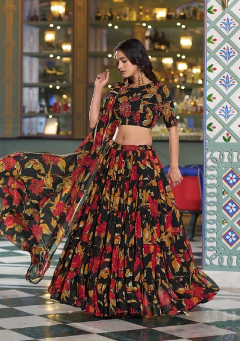 Black Floral Printed Marble Lehenga Set - Indya