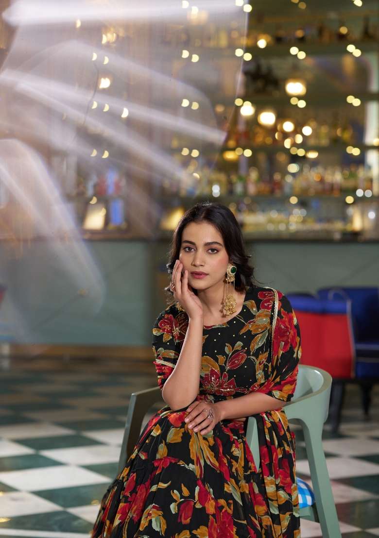 Black Floral Printed Marble Lehenga Set for Diwali and Festive Wear - Indya