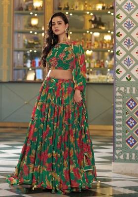 Green Floral Printed Marble Lehenga Set