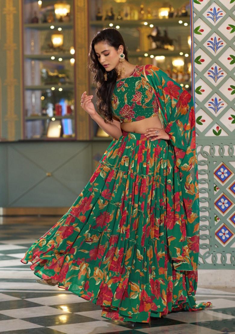 Green Floral Printed Marble Lehenga Set - Indya