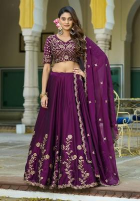 Deep Purple Embroidered Silk Lehenga Set