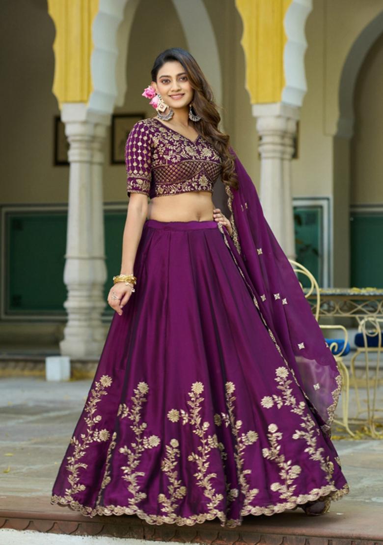Deep Purple Embroidered Silk Lehenga Set - Indya