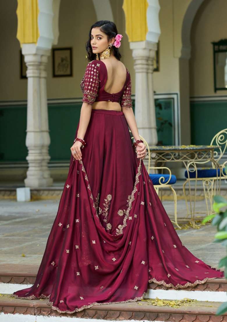 Maroon Silk Lehenga Set with Embroidered for Diwali | Wedding & Festive Wear - Indya