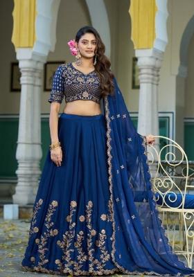 Blue Embroidered Silk Lehenga Set