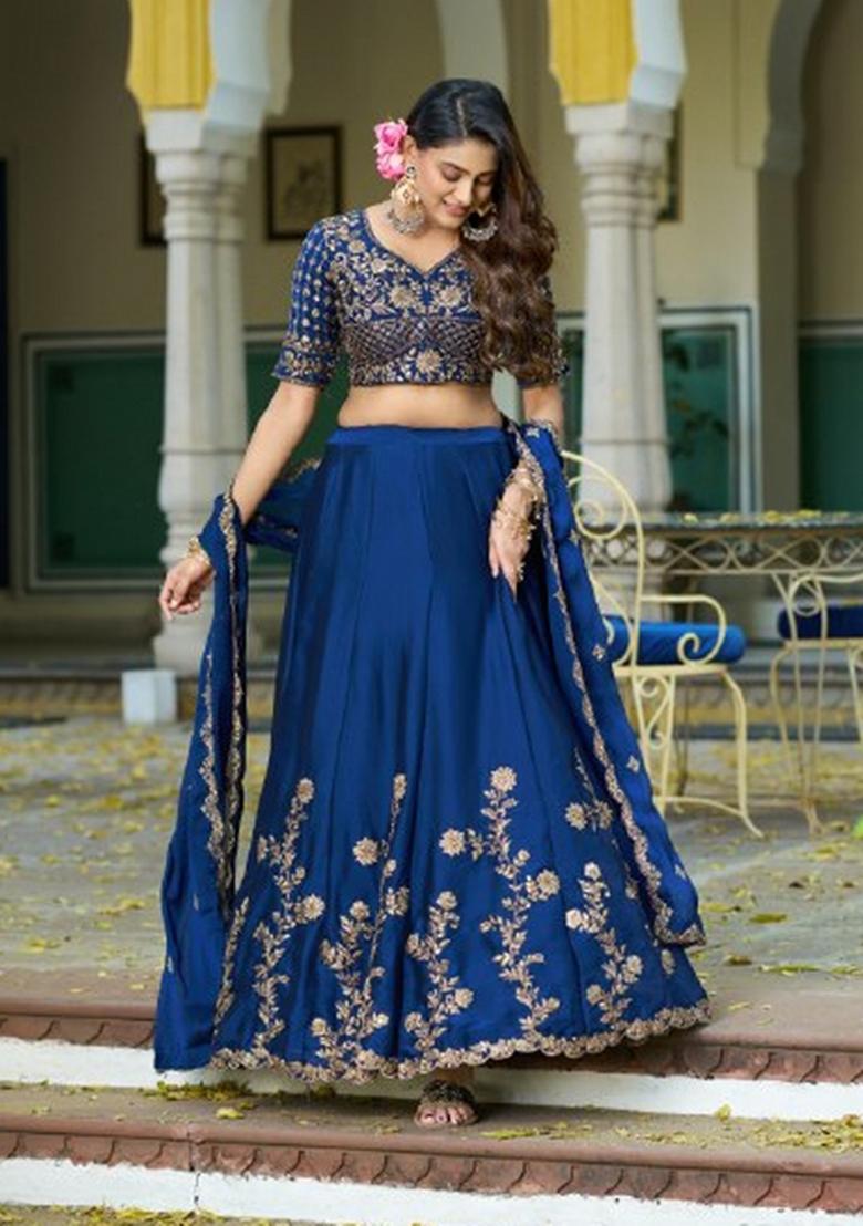 Blue Embroidered Silk Lehenga Set - Indya