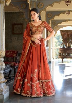 Orange Embroidered Silk Lehenga Set