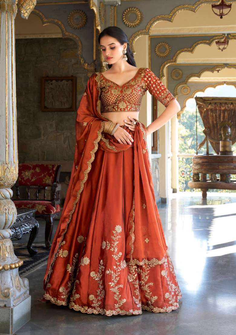 Orange Embroidered Silk Lehenga Set for Diwali and Festive Wear - Indya