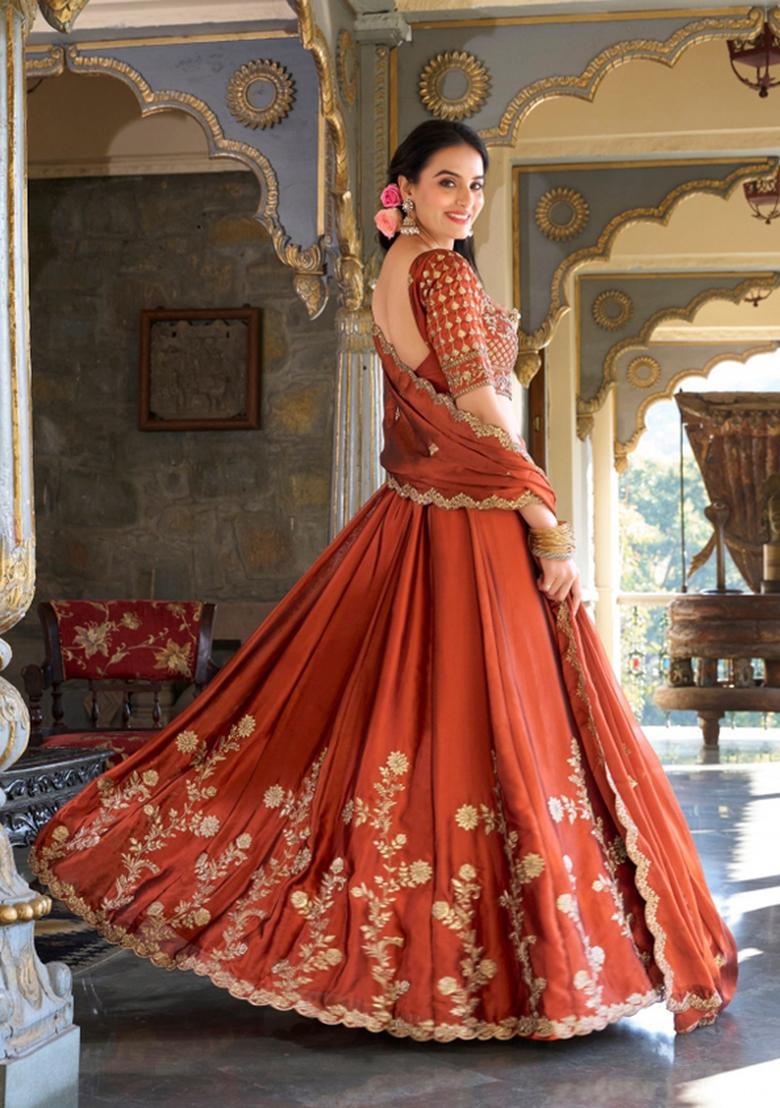 Orange Embroidered Silk Lehenga Set - Indya