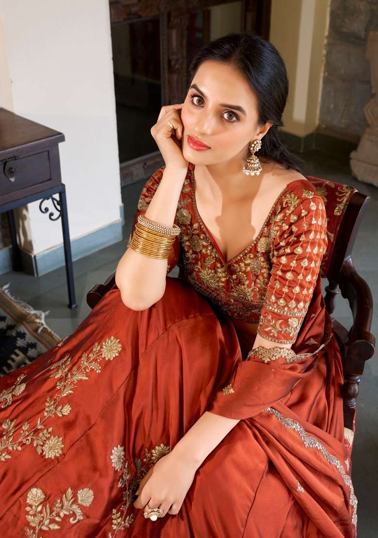 Orange Embroidered Silk Lehenga Set for Diwali and Festive Wear - Indya