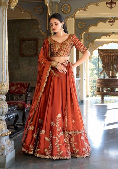Orange Embroidered Silk Lehenga Set