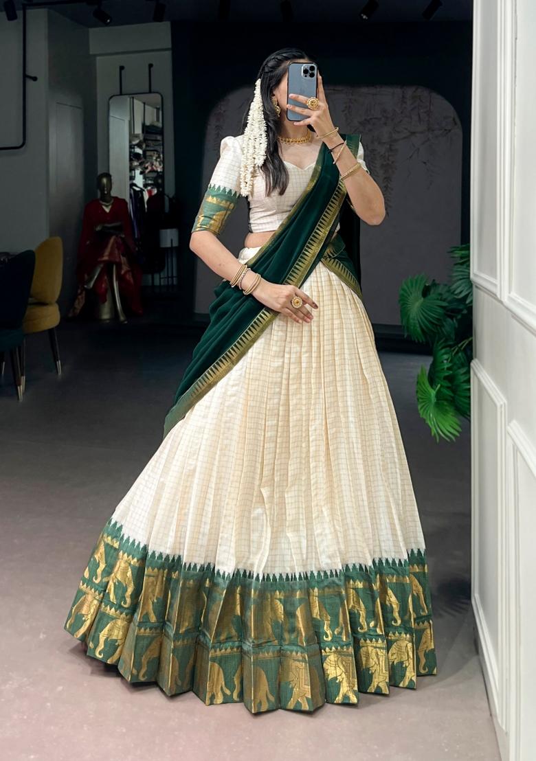 Green Zari Work Cotton Lehenga Set - Indya