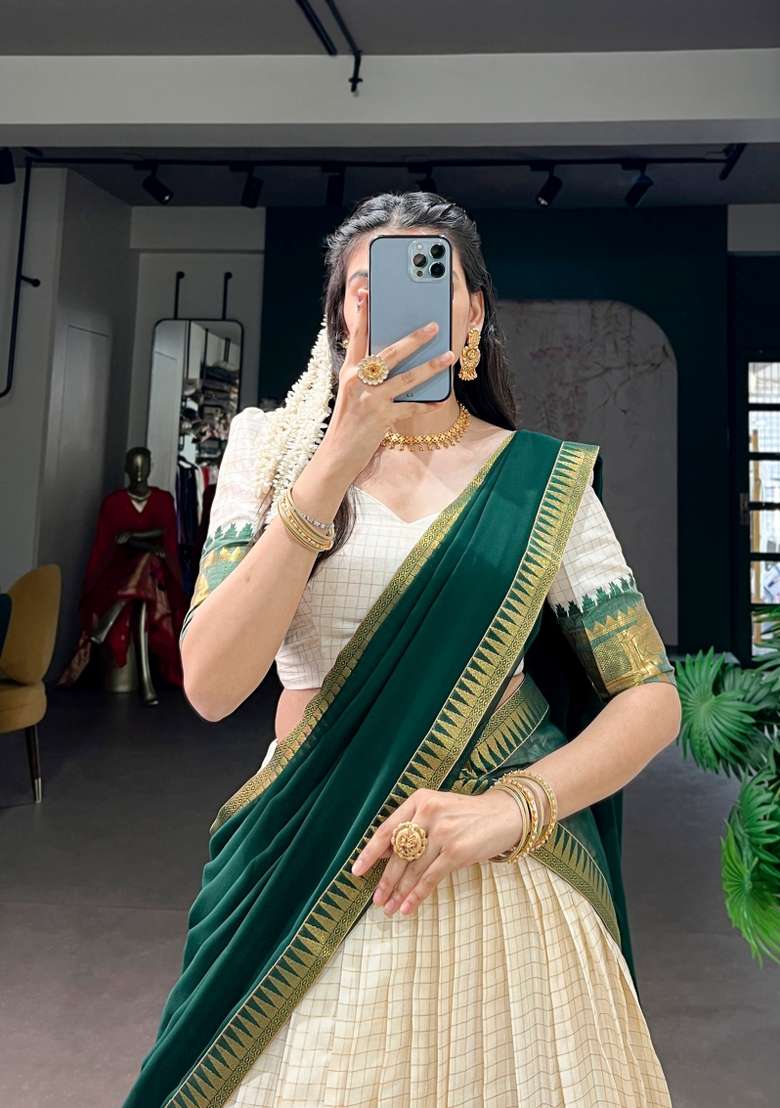 Green Zari Work Cotton Lehenga Set for Diwali and Festive Wear - Indya