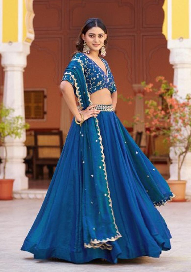 Peacock Embroidered Fendi Lehenga Set - Indya