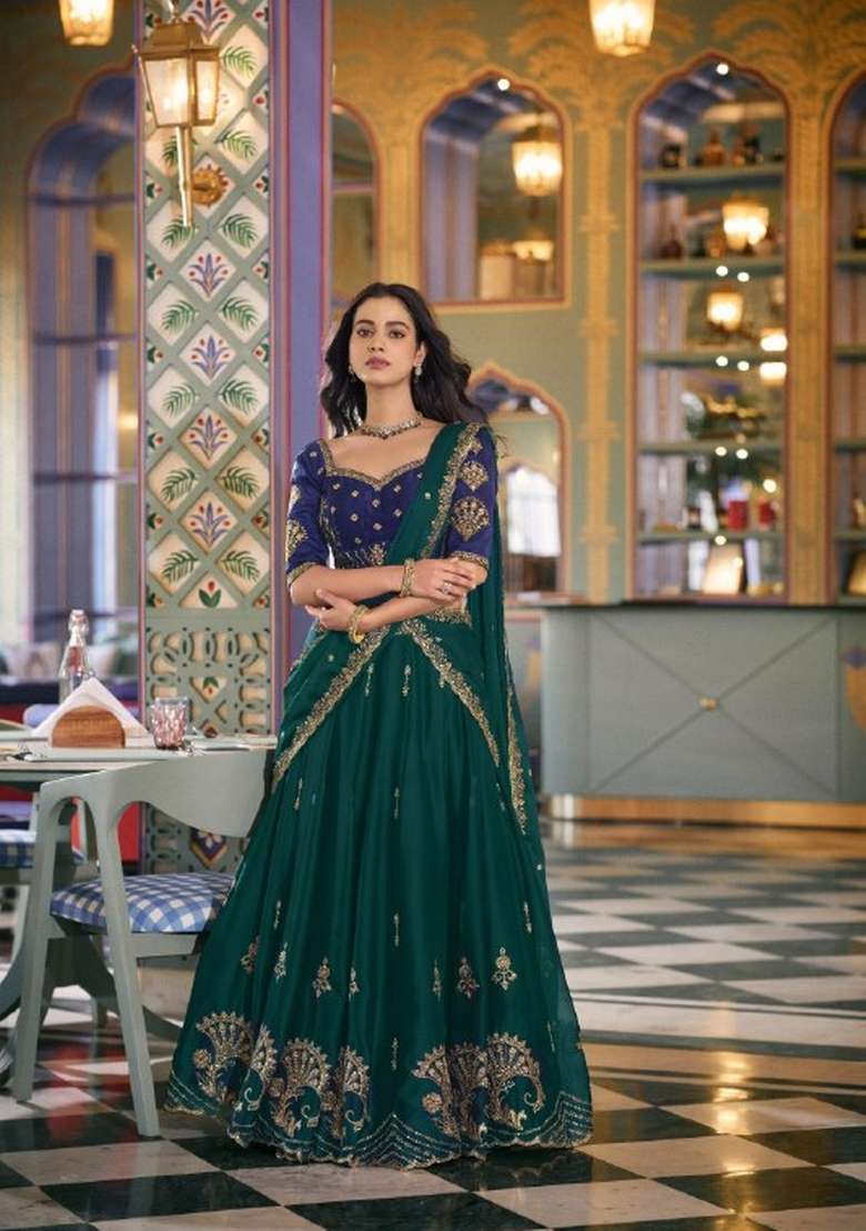 Green Embroidered Silk Lehenga Set for Diwali and Festive Wear - Indya