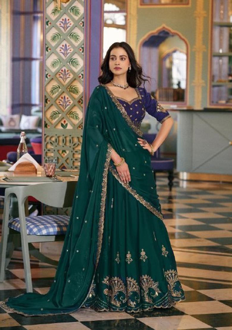 Green Embroidered Silk Lehenga Set - Indya
