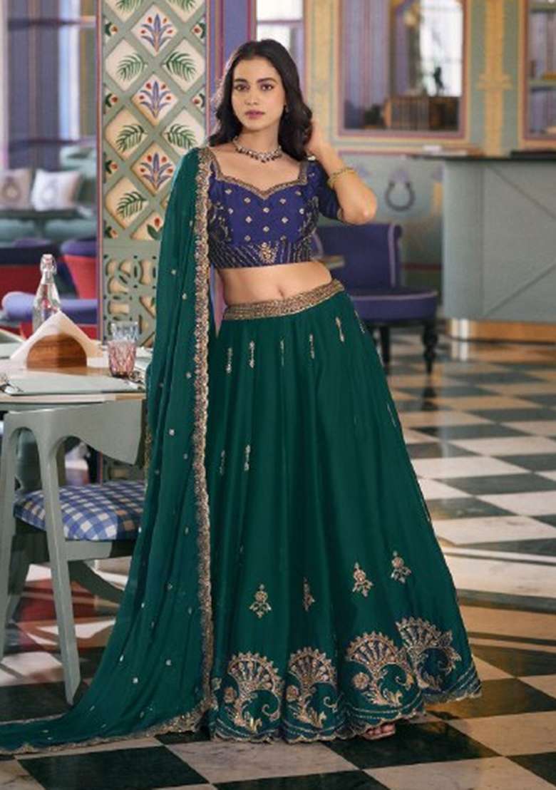Green Embroidered Silk Lehenga Set for Diwali and Festive Wear - Indya