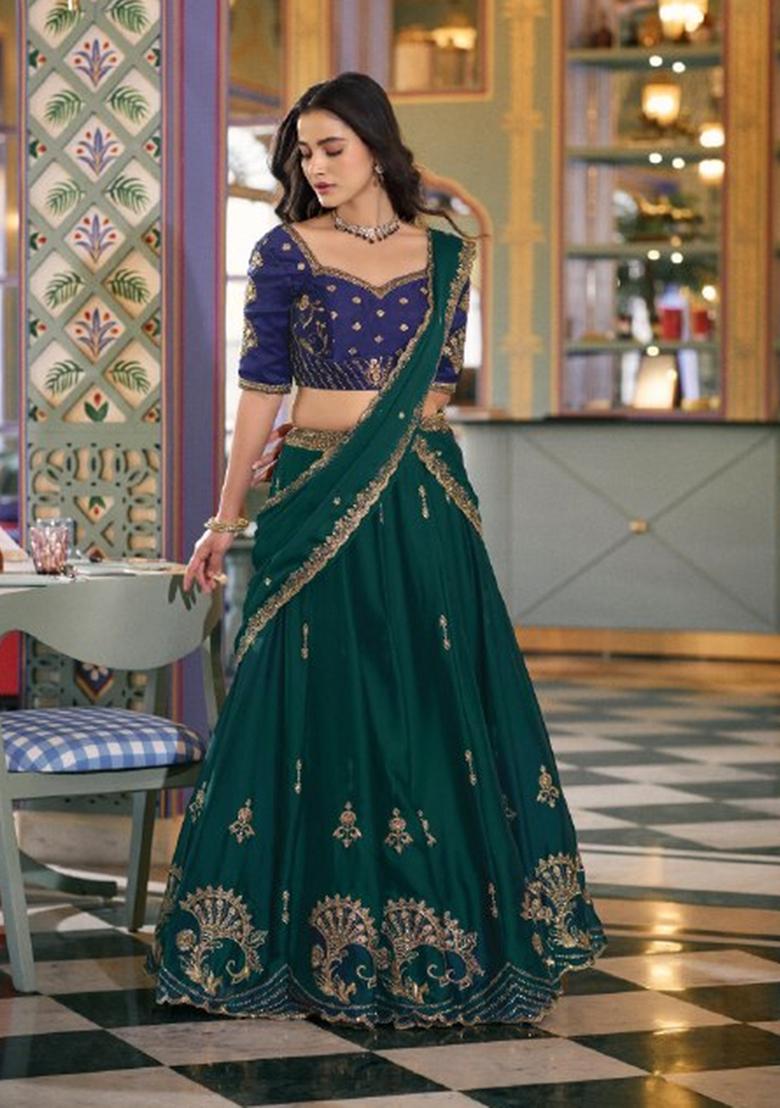 Green Embroidered Silk Lehenga Set - Indya