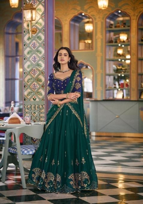 Green Embroidered Silk Lehenga Set