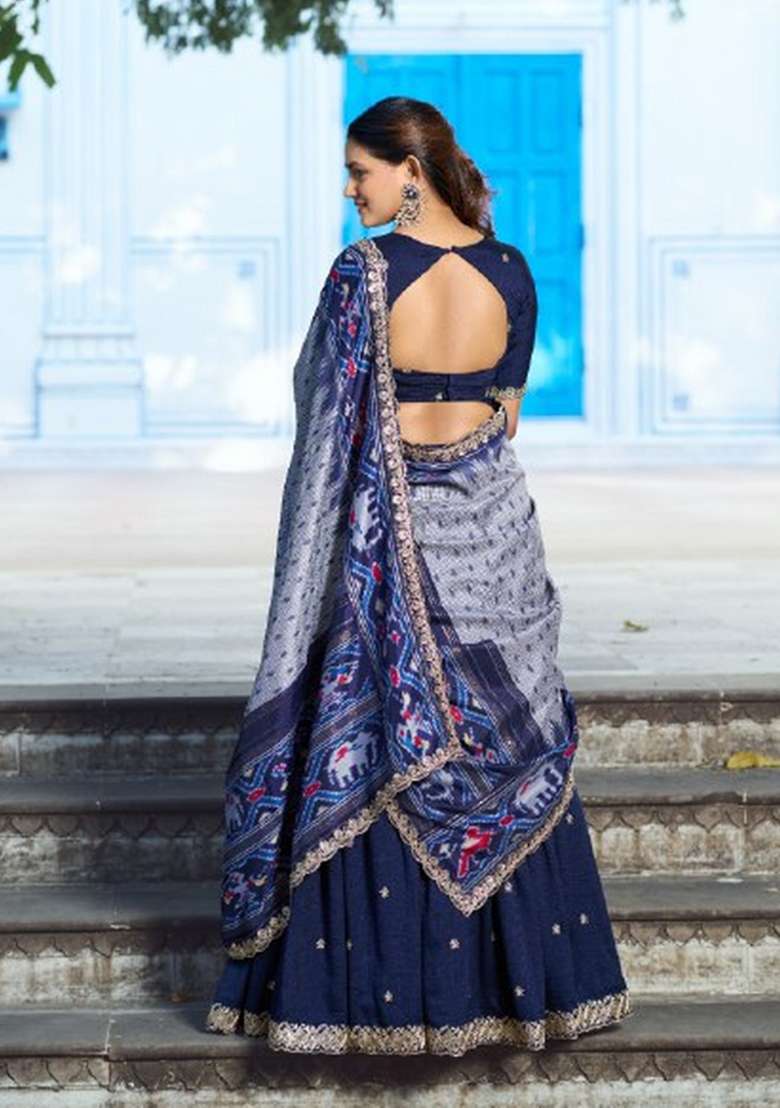 Blue Silk Lehenga Set with Embroidered for Diwali | Wedding & Festive Wear - Indya