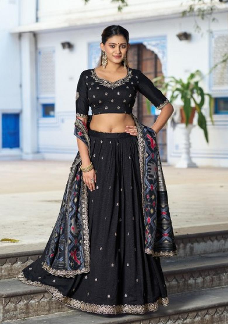 Black Embroidered Silk Lehenga Set - Indya