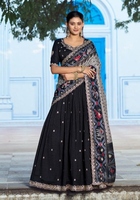 Black Embroidered Silk Lehenga Set