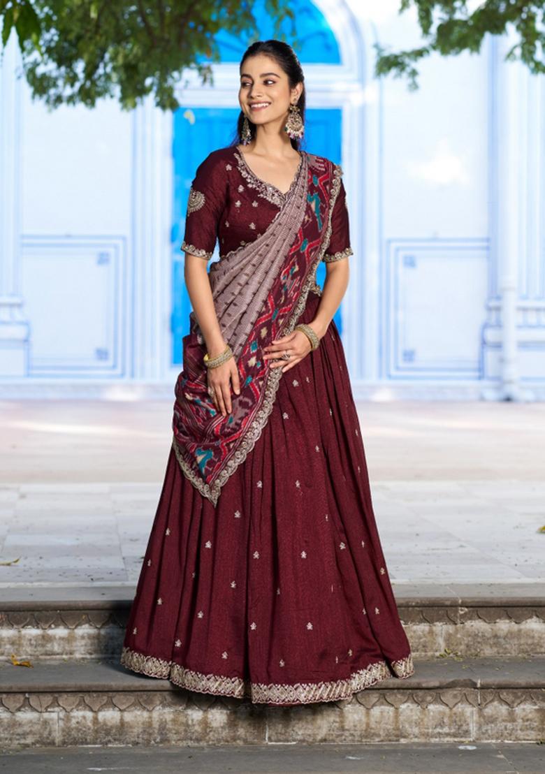 Maroon Embroidered Silk Lehenga Set - Indya