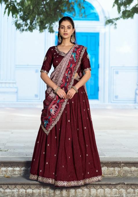 Maroon Embroidered Silk Lehenga Set