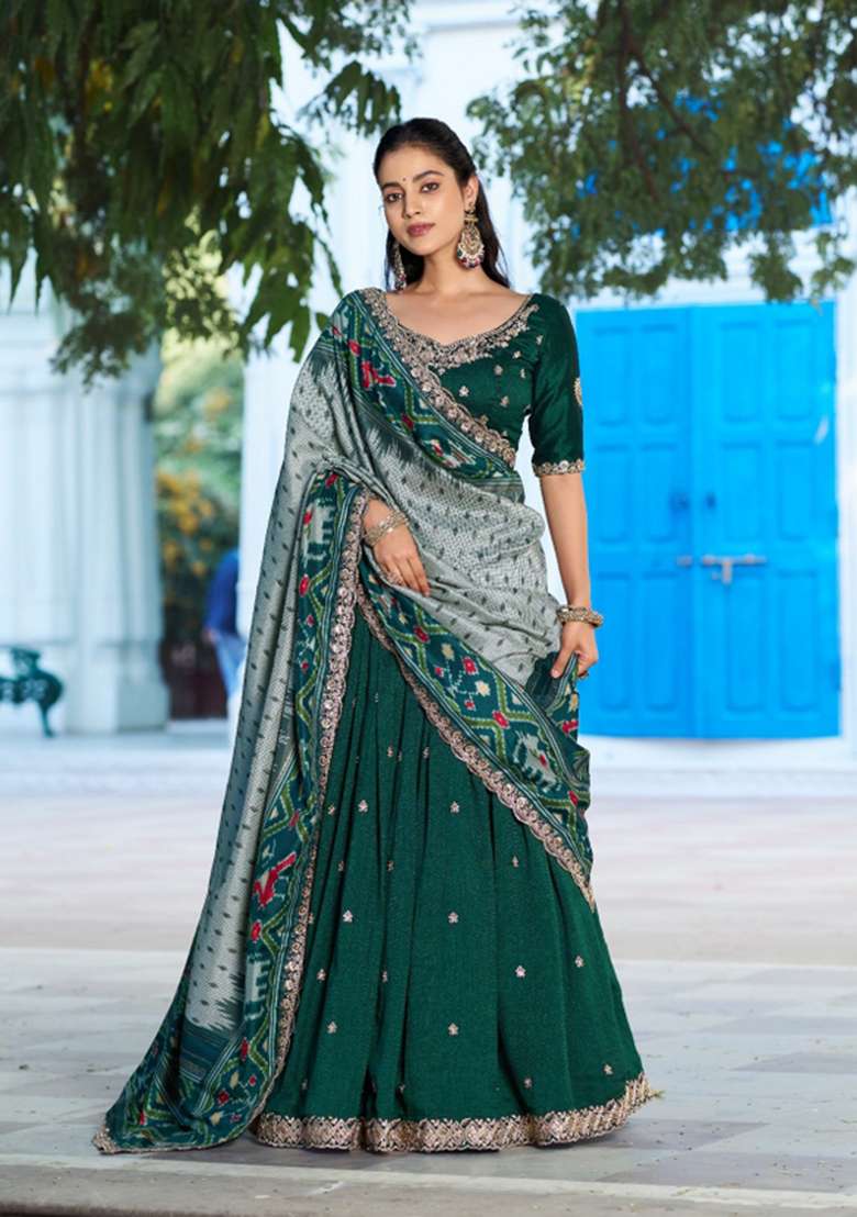 Green Embroidered Silk Lehenga Set for Diwali and Festive Wear - Indya