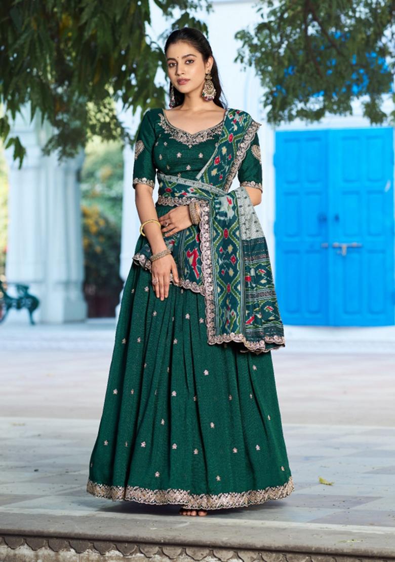 Green Embroidered Silk Lehenga Set - Indya