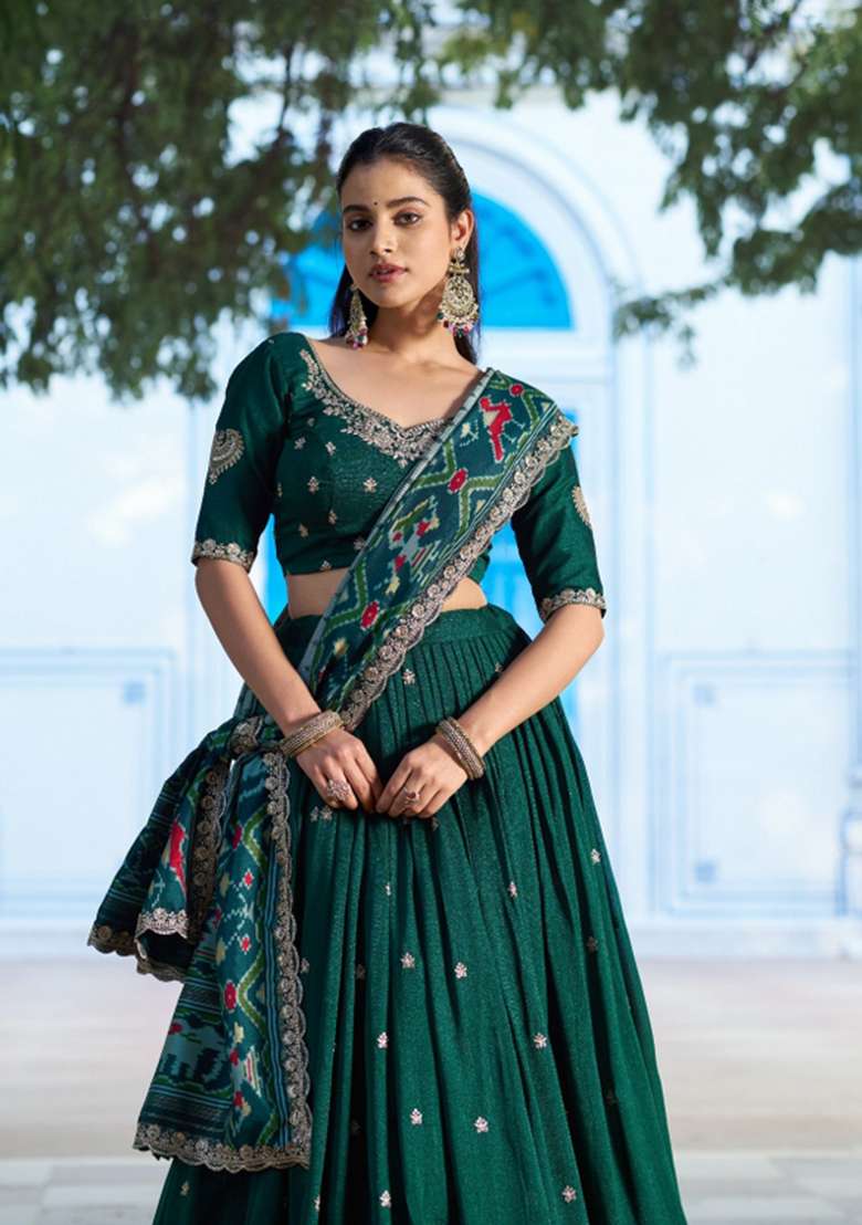 Green Embroidered Silk Lehenga Set for Diwali and Festive Wear - Indya