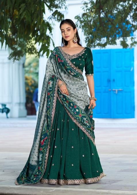 Green Embroidered Silk Lehenga Set